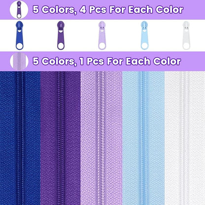 DOITEM 15.3 Yards/ 14 m 5 Pieces Assorted Colors #3 Nylon Coil Zippers, Sewing Zippers Endless Zips with 20 Pieces Zipper Sliders Zip Heads for DIY Sewing Tailor Craft Supplies (Purple Blue White)