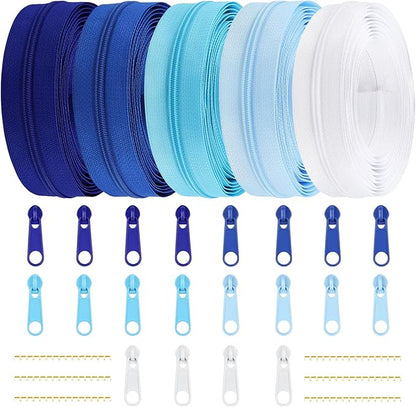 DOITEM 15.3 Yards/ 14 m 5 Pieces Assorted Colors #3 Nylon Coil Zippers, Sewing Zippers Endless Zips with 20 Pieces Zipper Sliders Zip Heads for DIY Sewing Tailor Craft Supplies (Blue White)