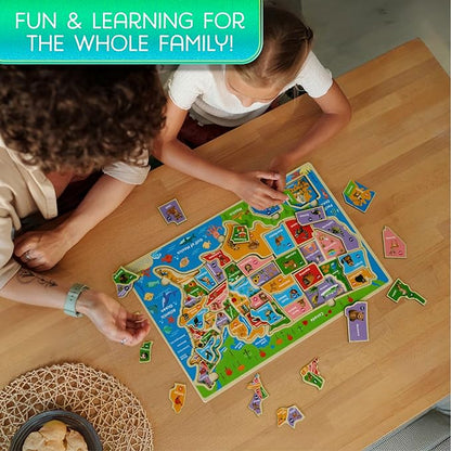 Montessori Mama USA Map Wooden Puzzle, Puzzles for Kids Ages 4-6 Educational Toys for 4 Year Old Kids Puzzles Ages 5-8 Landmarks, Animals, Capitols and States