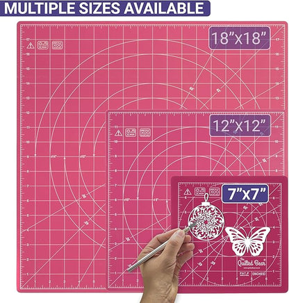 The Quilted Bear Rotating Cutting Mat 7" x 7" - Locking & Rotating Self Healing Cutting Board for Sewing, Fabric & Effortless Quilting - 360 Degree Sewing Supplies Mat for Craft Table (Pink)