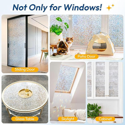 rabbitgoo Rainbow Window Privacy Film Decorative Stained Glass Diamond Pattern Window Sticker with Iridescent Tint Non-Adhesive Static Cling for Home Office Crystal Pattern, 17.5 x 157.4 inch