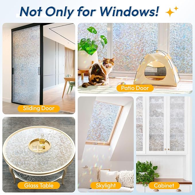 rabbitgoo Rainbow Window Privacy Film Decorative Stained Glass Diamond Pattern Window Sticker with Iridescent Tint Non-Adhesive Static Cling for Home Office Crystal Pattern, 35.4 x 157.4 inch