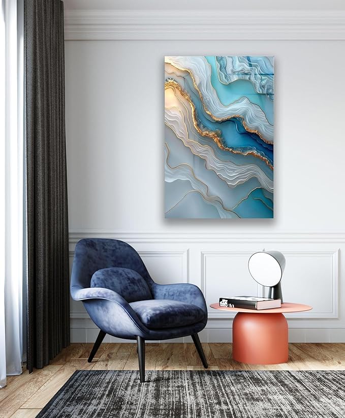 My Photostation.com 18Wx28H'' Turquoise and Blue Alcohol ink Glass Wall Art Tempered Glass Printing Wall Decor Large Wall Art Wall Hangings