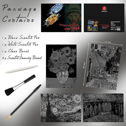 Scratch Art Painting 4 Pcs Vincent Van Gogh Scratch Rainbow Paper Set for Adults and Kids, DIY Sketch Card Engraving Craft Night View Scratchboard with 4 Tools - Cafe Terrace, Sunflowers, Starry Night