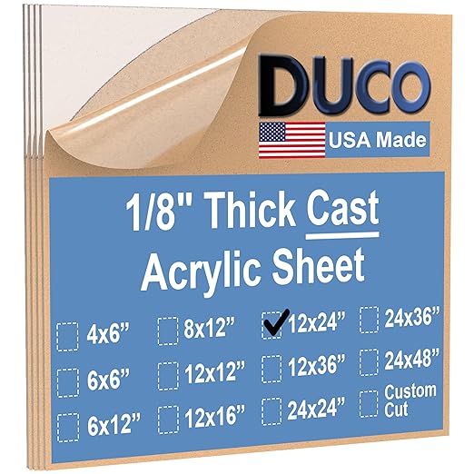 Duco USA-Made Clear Cast Acrylic Sheet 1/8 Inch Thick 12" x 24" - 4 Pack of Transparent Plexiglass Sheet - Lightweight Acrylic Board for Window Replacements, Displays, Signs, and More