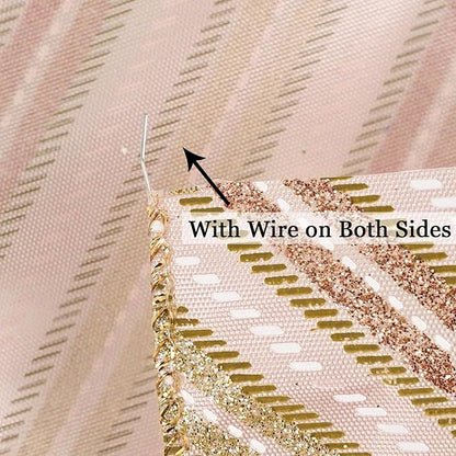 MEEDEE Pink Diagonal Striped Ribbon 2.5 Inch Blue Satin with Rose Gold and Champagne Glitter Wired Ribbon for Christmas Tree, Garlands, Wreaths, Topper Bow (10 Yards)