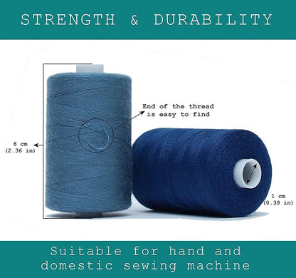BlesSew Sewing Thread in Blue Color Tones – 6 Spools of Polyester Thread for Sewing Machine for Beginners, Hand Stitching & Quilting - 1000 yds per Spool