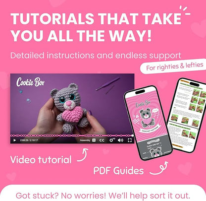 Cookie Box Crochet Kit for Beginners – Gift Set to Make Bear Ted Amigurumi Plushie – Easy DIY Crochet & Knitting Starter Kit with Video and PDF Tutorials