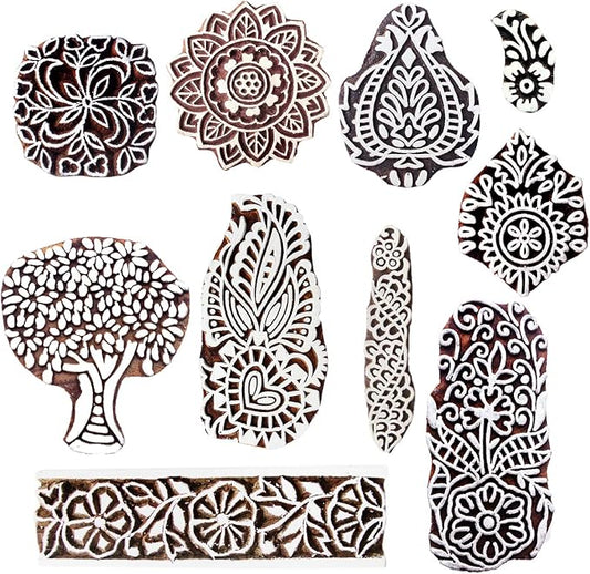 Royal Kraft Wooden Stamps for Block Printing on Saree Border, Textile, Clay, Pottery, Tattoo (Set of 10) MXtag0005