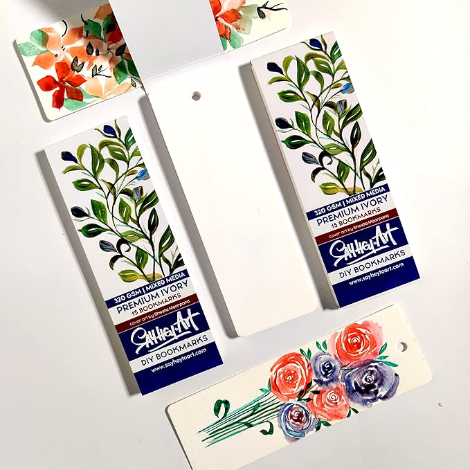 320gsm Premium Ivory Professional Bookmark Sketchpads/for All Mediums, Calligraphy, Charcoal, acrylics, Gouache / (Pack of 2 - a Total of 30 DIY Bookmarks) / Blue Florals