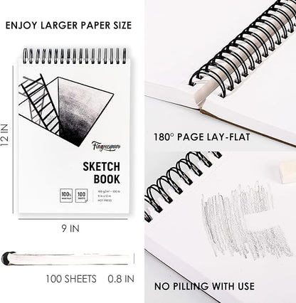 Fingraspuro 9"x12" Sketch Book, 100 Sheets, 108lb/160gsm, Top Spiral Bound Sketch Pad, Art Supplies, Sketchbook for Drawing, Acid-Free Hot Press Drawing Pad, Suitable for Various Art Tools