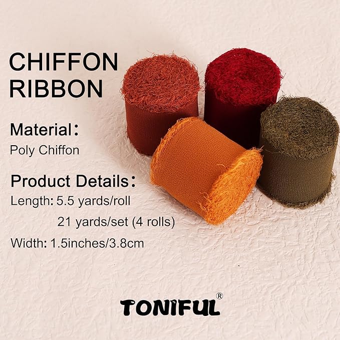 TONIFUL 4 Rolls Silk Chiffon Ribbon 1-1/2 Inch x 22 Yards,Orange Moss Brown Khaki Handmade Fringe Ribbon for Gift Wrapping Flowral Thanksgiving Christmas Wreath Tree Autumn-Themed Party Decoration