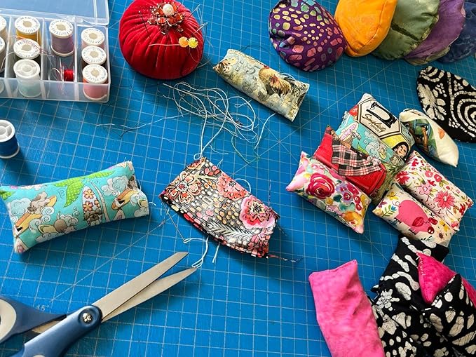 Emery Pin Cushion for Sewing - Pincushion Filled with Abrasive Emery Sand - Handmade in USA - Cute Flowers on White Polka dot Aqua Blue Pastel Color Background (2"x3", Aqua Blue Retro Floral)