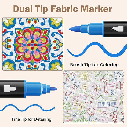 Fabric Markers Permanent for Clothes, Dual Tips Fabric Paint Pens No Bleed for Canvas, T-Shirts, Bags, and Textile - Quick Dry & Non-Toxic for Kids Adults, 5 Pack