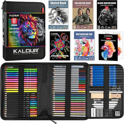 82 Drawing Set Sketching Kit, Art Set with Fluorescent, Colored, Watercolor, Metallic, Graphite, Charcoal Pencils, 5 Sketchbook and Coloring Book, Gift for Artists Adults Teens Beginner