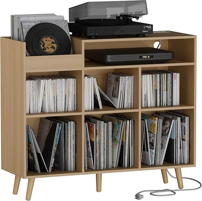 Cozy Castle Large Record Player Stand, Vinyl Storage Cabinet Mid Century Modern Turntable Stand Media Console Table Open Shelf Cube CD Album Holder Organizer for Living Room, Office, Oak
