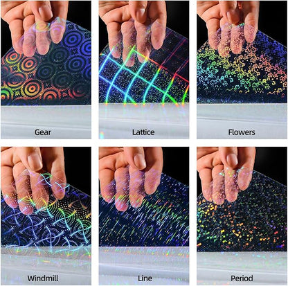 36 Sheets Holographic Sticker Paper, Clear Vinyl Laminate Film for Stickers Self-Adhesive, Transparent Overlay Lamination Sticker Paper Waterproof, 6 Patterns-8.5x11 Inch