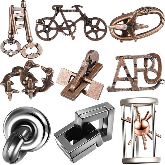 Wettarn 9 Pcs Metal Brain Teaser Puzzles Teaser 3D Steel Puzzle for Adults Unlock Interlocking Games IQ Education Smart Logic Test Toys for Adults Mind Challenge(Exquisite Style)