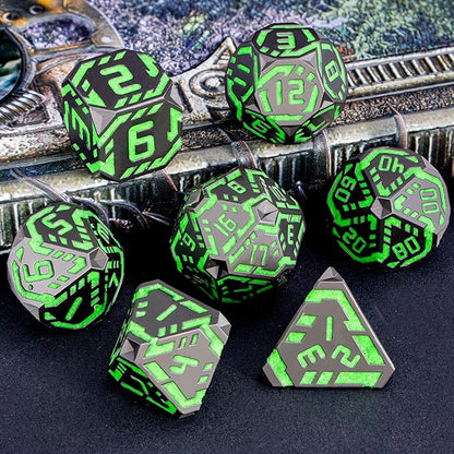 Metal DND Sci-fi Dice Set 7PCS Luminous Green Stripe Polyhedral Dice for Dungeons Dragons RPG Role Playing Game, Glitter D and D Dice with Gift Box D6 D8 D10 D12 D20