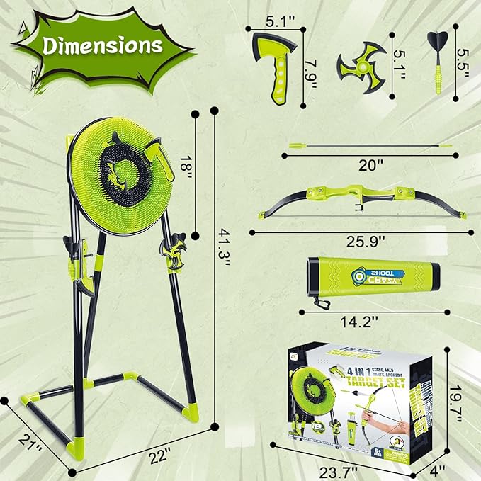Axe Throwing Game for Backyard - 4 in 1 Outdoor Games for Kids Adults Family - Bristle Target, Bow & 5 Arrow, 3 Throwing Axes, 3 Ninja Stars, 6 Darts Includes - Archery Games for Yard Lawn Carnival