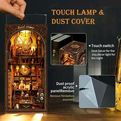 Book Nook Kit for Adults with Dust Cover & LED Light, DIY Miniature House Kit 3D Printed Booknook Wooden Puzzle Dollhouse Bookshelf Insert DIY Craft Model Build Gift for Birthdays, Royal Seamer