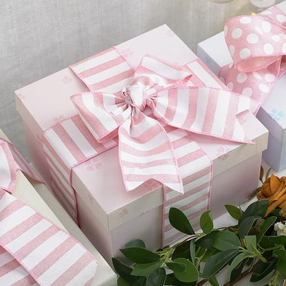 MEEDEE Pink Striped Burlap Ribbon - 2.5 Inch Wired Ribbon for Baby Girl Wreaths & Cakes, 10 Yards