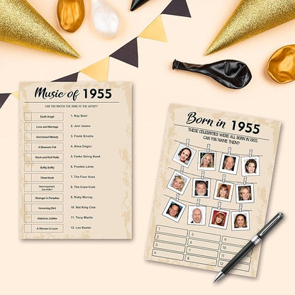 QUPT 70th Birthday Party Games, Set of 5 Activities for 10 Guests, Born in 1955 Games Bundle, Birthday Party Supplies for Adults, Pack of 50 Cards