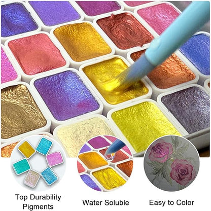 Mini Shifting Watercolor Paint Set, 30 Color Glitter Watercolor Painting Kit, Metallic Watercolor Paints, Solid Water Colors Paint Adult Set, Detail Paint Brush Included, for Artists