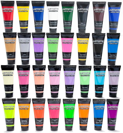 ARTISTIK Acrylic Paint Tube Set of 32-22ml Paint Tubes with 3 Brushes for Adults, Kids and Artists - Non-Toxic Artist Quality Paints for Canvas Painting, Wood Crafts, Ceramic and Art Supplies