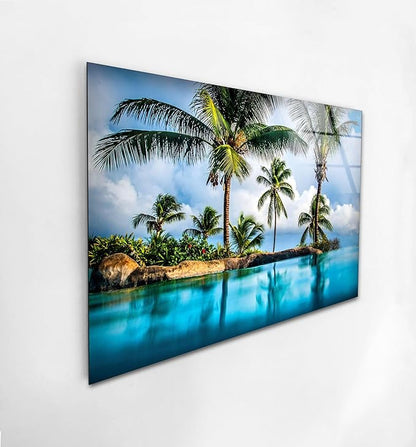 My Photostation.com 28Wx18H'' Island & Blue Sea Glass Wall ArtTempered Glass Printing Wall Decor Large Wall Art Wall Hangings