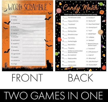 DISTINCTIVS Halloween Party Games – Word Scramble and Candy Match 2 Game Bundle, 25 Dual-Sided Cards for Kids, Adults, Classrooms, and Fall Events