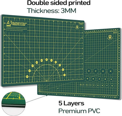 Headley Tools 18"x12" Thickened Self Healing Cutting Mat, A3 Rotary Cutting Sewing Mat for Crafts, Double Sided 5-Ply Table Cutting Board for Fabric Quilting Leather Arts Hobby Project, Green