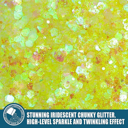 Iridescent Chunky Glitter 5.64oz/160g, Ultra Fine Glitter Powder Mixed Chunky PET Flakes Sequins for Resin Epoxy Craft Arts, Tumbler, Cosmetic Glitter for Body Nail Hair Eye Party (Iridescent Yellow)