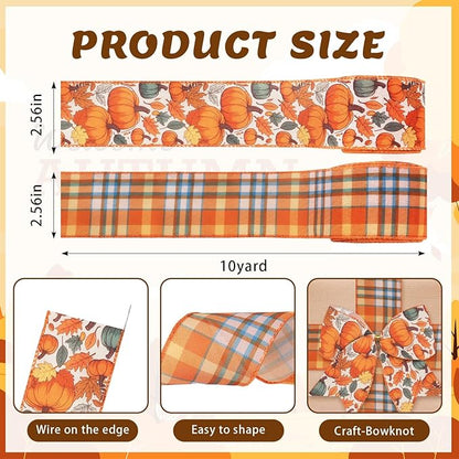 2 Rolls Fall Pumpkins Ribbons for Bows, Thanksgiving Wired Edge Burlap Ribbon Autumn Maple Leaves Plaid Ribbons for Gift Wrapping Thanksgiving Decoration Supplies