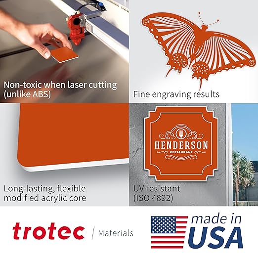 Trotec TroLase | 12"x12"x1/16", 8 Pcs | Orange/White | 2 Ply | Modified Acrylic | Laser Engraving Double Color Plastic Sheet | Engraving Blanks for Laser, Saw, Guillotine | Made in USA
