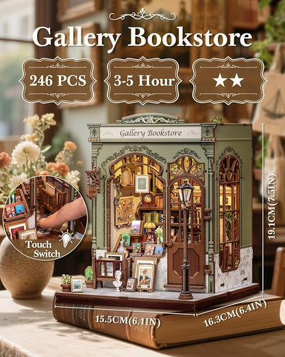 CUTEBEE Book Nook Kit - DIY Miniature House Dollhouse Kit for Adults, Booknook Library Bookstore Tiny House Bookshelf Decor 3D Wooden Puzzle, Gifts for Family and Friends (Gallery Bookstore)