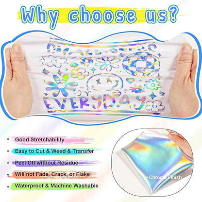 VINYL FROG Holographic HTV Vinyl Roll 12" x12ft Holographic Silver Metallic Heat Transfer Vinyl Iron on Vinyl Easy to Cut & Weed DIY Heat Press Design for T-Shirts