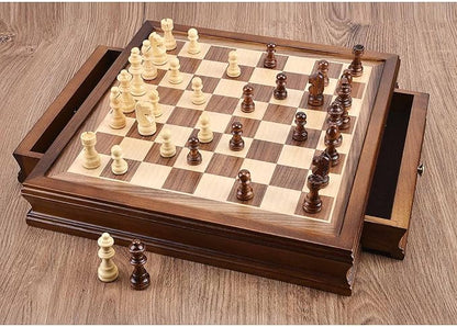 AMEROUS 12.8" x 12.8" Magnetic Wooden Chess Set with 2 Built-in Storage Drawers - 2 Bonus Extra Queens - Gift Packaging - Staunton Chess Pieces, Board Games Chess Sets for Adults and Kids