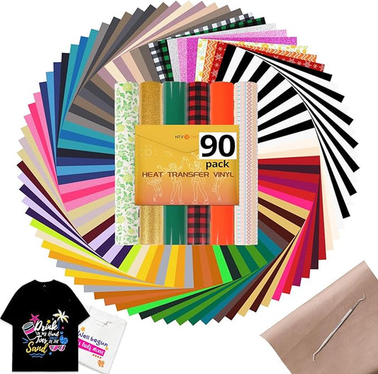 HTVRONT HTV Heat Transfer Vinyl Bundle, 90 Pack 12" x 10" Iron on Vinyl for t Shirts, 58 Assorted Colors HTV Vinyl with PTFE Sheet & Weeding Tools, Includes Glitter, Floral, Plaid, Neon, Geometric