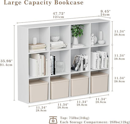 Wooden Cube Storage Organizer with Closed Back Panel, 11in Cube Shelf Opening, Bookshelf, Display Shelf,Closet Cabinet for Home and Office (Embossed White, 12-Cube 35.98L*9.45W*47.72H)