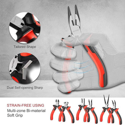 HAUTMEC 6PCS Mini Pliers Set High Leverage Multi Small Pliers Tool Set with Small Needle Nose Pliers Set, Linesman, Long Nose, Bent Nose, Diagonal Cutters, End Cutting Plier for Jewelry and Electronic