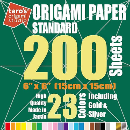 [Taro's Origami Studio] Standard 6 Inch One Sided 23 Colors 200 Sheets Square Easy Fold Premium Japanese Paper for Beginner (Gold and Silver Included)