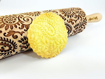 INDIAN embossing rolling pin with Indian Paisley Pattern. Dough roller for embossed cookies and Pottery by Algis Crafts