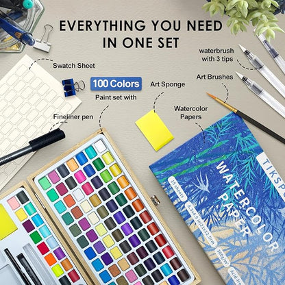 Watercolor Paint Set,100 Colors in Nature Bamboo Box,Portable Water Colors Kit with Papers and Brush Pens,Great for Kids Adults Beginners & Professionals