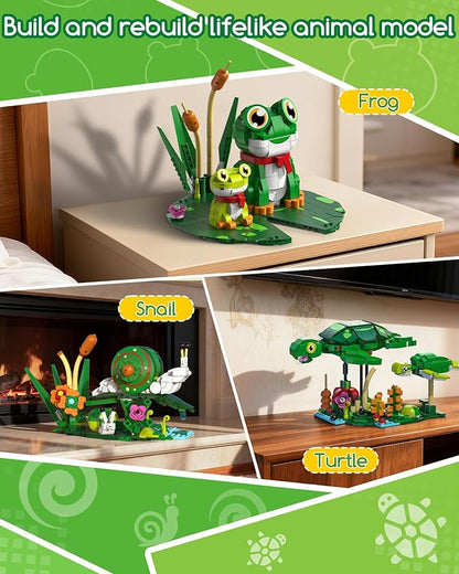 3 in 1 Animals Frog Family Building Set - Animal Figures with 3 Building Options, Create Frog, Turtle or Snail Family - Educational Toy Birthday Gift for Girls and Boys Ages 6+