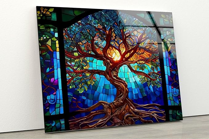 My Photostation.com 35.5Wx30H'' Stained Blue Life of Tree Glass Wall ArtTempered Glass Printing Wall Decor Large Wall Art Wall Hangings