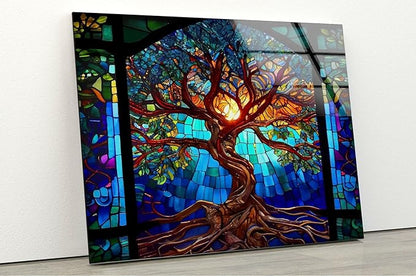 My Photostation.com 35.5Wx30H'' Stained Blue Life of Tree Glass Wall ArtTempered Glass Printing Wall Decor Large Wall Art Wall Hangings