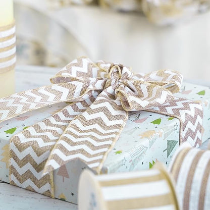 MEEDEE Burlap Ribbon with White Chevron Pattern - 2.5 Inch Wired Ribbon for Cakes, Wreaths, Rustic Decor, Baby Showers, Beach Parties, Farmhouse Gifts - 10 Yards