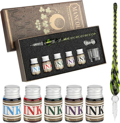 Mancola Glass Dipped Crystal Calligraphy Pen Set with 5 Colorful India Ink, 1 Pen Holder, 1 Cleaning Cup, Ink Drip Tool, Signatures, Drawing, Decoration Kits for Beginners