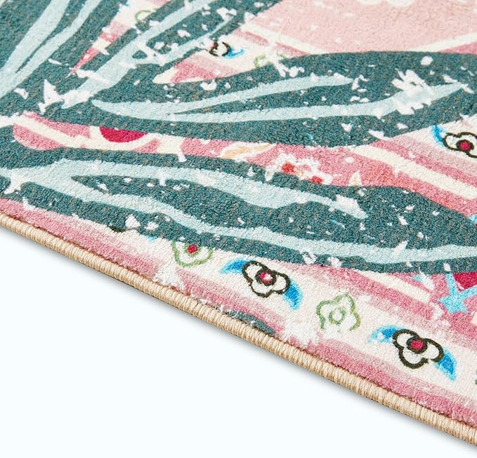 Washable Pink Rugs Thin Oriental Boho Vintage Cute Tropical Leopard 5ft Round Area Rugs for Bedroom Kitchen Dining Living Room Office Indoor Entryway Distressed Nursery Circle Carpet